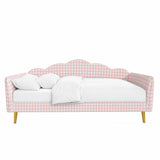 Twin Fully Upholstered Daybed Sofa Bed Platform Frame in Gingham, Metal Legs & Slat Support, Pink
