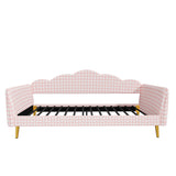 Twin Fully Upholstered Daybed Sofa Bed Platform Frame in Gingham, Metal Legs & Slat Support, Pink