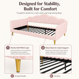 Twin Fully Upholstered Daybed Sofa Bed Platform Frame in Gingham, Metal Legs & Slat Support, Pink