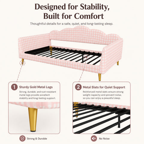 Twin Fully Upholstered Daybed Sofa Bed Platform Frame in Gingham, Metal Legs & Slat Support, Pink