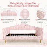 Twin Fully Upholstered Daybed Sofa Bed Platform Frame in Gingham, Metal Legs & Slat Support, Pink
