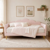 Twin Fully Upholstered Daybed Sofa Bed Platform Frame in Gingham, Metal Legs & Slat Support, Pink