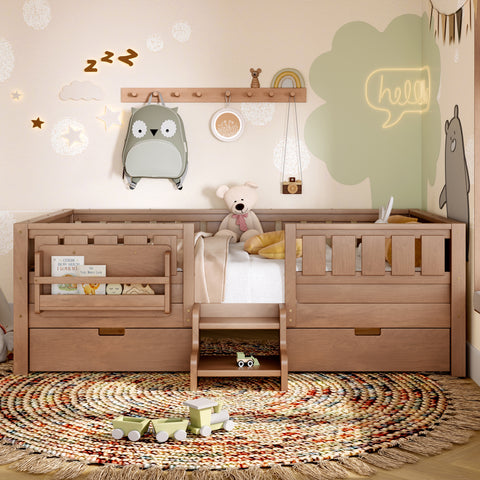 Twin Bed Frame Wooden Montessori Toddler Bed Daybed Frame with Bookshelf, Drawers & Safety Rails