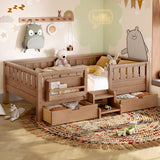 Twin Bed Frame Wooden Montessori Toddler Bed Daybed Frame with Bookshelf, Drawers & Safety Rails