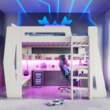 Twin Size Gaming Loft Bed with Desk, Light & Storage Shelves for Teens&Kids, All-in-1 Esports Style Gaming Bed, Beige