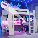 Twin Size Gaming Loft Bed with Desk, Light & Storage Shelves for Teens&Kids, All-in-1 Esports Style Gaming Bed, Beige