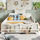 Full Kids Platform Floor Bed Frame with Bowknot Headboard, Montessori Toddler Bed with Guardrails & Bookshelf