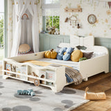 Full Kids Platform Floor Bed Frame with Bowknot Headboard, Montessori Toddler Bed with Guardrails & Bookshelf