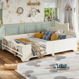 Full Kids Platform Floor Bed Frame with Bowknot Headboard, Montessori Toddler Bed with Guardrails & Bookshelf