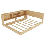 Full L-Shaped Floor Bed with Charging Station, Light&Storage Compartments, Kids Platform Bed Frame Montessori Corner Bed Daybed, Natural