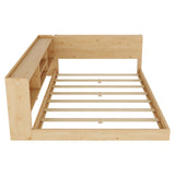 Full L-Shaped Floor Bed with Charging Station, Light&Storage Compartments, Kids Platform Bed Frame Montessori Corner Bed Daybed, Natural