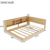 Full L-Shaped Floor Bed with Charging Station, Light&Storage Compartments, Kids Platform Bed Frame Montessori Corner Bed Daybed, Natural
