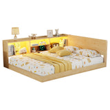 Full L-Shaped Floor Bed with Charging Station, Light&Storage Compartments, Kids Platform Bed Frame Montessori Corner Bed Daybed, Natural