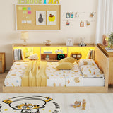 Full L-Shaped Floor Bed with Charging Station, Light&Storage Compartments, Kids Platform Bed Frame Montessori Corner Bed Daybed, Natural