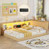Full L-Shaped Floor Bed with Charging Station, Light&Storage Compartments, Kids Platform Bed Frame Montessori Corner Bed Daybed, Natural