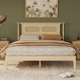 Queen Platform Bed Frame with Rattan Headboard, Vintage Solid Wood Bed, Natural