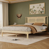 Queen Platform Bed Frame with Rattan Headboard, Vintage Solid Wood Bed, Natural