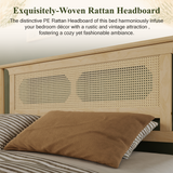 Queen Platform Bed Frame with Rattan Headboard, Vintage Solid Wood Bed, Natural