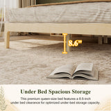 Queen Platform Bed Frame with Rattan Headboard, Vintage Solid Wood Bed, Natural