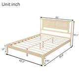 Queen Platform Bed Frame with Rattan Headboard, Vintage Solid Wood Bed, Natural