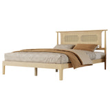 Queen Platform Bed Frame with Rattan Headboard, Vintage Solid Wood Bed, Natural