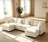 U-Shaped Modular Sectional Sofa with 2 Ottomans & Waist Pillows, Modern 4-seat Sofa Chaise Lounge Couch, Antique White