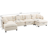 U-Shaped Modular Sectional Sofa with 2 Ottomans & Waist Pillows, Modern 4-seat Sofa Chaise Lounge Couch, Antique White