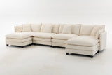 U-Shaped Modular Sectional Sofa with 2 Ottomans & Waist Pillows, Modern 4-seat Sofa Chaise Lounge Couch, Antique White