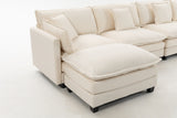 U-Shaped Modular Sectional Sofa with 2 Ottomans & Waist Pillows, Modern 4-seat Sofa Chaise Lounge Couch, Antique White