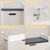 Kids Toy Storage Box Entryway Storage Bench with Safety Hinged Lid & Cushion, Toy Organizer Trunk Bed Stool, White