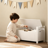 Kids Toy Storage Box Entryway Storage Bench with Safety Hinged Lid & Cushion, Toy Organizer Trunk Bed Stool, White