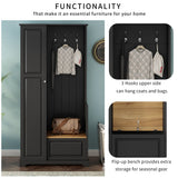 All-in-1 Hall Tree Entryway Bench Mudroom Coat Closet Shoe Storage Cabinet with Flip-Up Bench, Hooks&Adjustable Shelves, Black