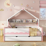 Full Size House-Shaped Daybed with Fabric Tent Canopy, Wood Bed Frame with Built-In Bookshelf & Twin Trundle for Bedroom