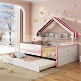 Full Size House-Shaped Daybed with Fabric Tent Canopy, Wood Bed Frame with Built-In Bookshelf & Twin Trundle for Bedroom
