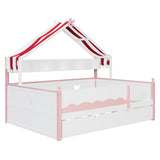 Full Size House-Shaped Daybed with Fabric Tent Canopy, Wood Bed Frame with Built-In Bookshelf & Twin Trundle for Bedroom