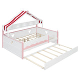 Full Size House-Shaped Daybed with Fabric Tent Canopy, Wood Bed Frame with Built-In Bookshelf & Twin Trundle for Bedroom