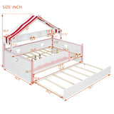 Full Size House-Shaped Daybed with Fabric Tent Canopy, Wood Bed Frame with Built-In Bookshelf & Twin Trundle for Bedroom