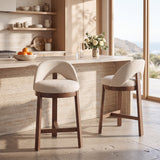 27" Counter Height Bar Stools Set of 2, Upholstered Armchairs with Rubberwood Frame & Openwork Curved Back for Kitchen