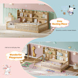 Twin Montessori Floor Bed with Bookshelf & Safety Rails, Kids Platform Bed Frame Solid Pine Wood Playpen, Natural