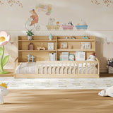 Twin Montessori Floor Bed with Bookshelf & Safety Rails, Kids Platform Bed Frame Solid Pine Wood Playpen, Natural