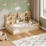 Twin Montessori Floor Bed with Bookshelf & Safety Rails, Kids Platform Bed Frame Solid Pine Wood Playpen, Natural
