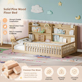 Twin Montessori Floor Bed with Bookshelf & Safety Rails, Kids Platform Bed Frame Solid Pine Wood Playpen, Natural