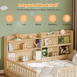 Twin Montessori Floor Bed with Bookshelf & Safety Rails, Kids Platform Bed Frame Solid Pine Wood Playpen, Natural