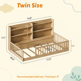 Twin Montessori Floor Bed with Bookshelf & Safety Rails, Kids Platform Bed Frame Solid Pine Wood Playpen, Natural