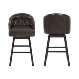 Set of 2 360° Swivel Bar Stool Ergonomic Padded Counter Stools Upholstered Dining Chairs with Soft Seat, Nailhead Trim&Button Tuft, Brown