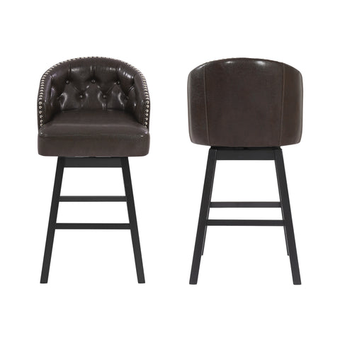 Set of 2 360° Swivel Bar Stool Ergonomic Padded Counter Stools Upholstered Dining Chairs with Soft Seat, Nailhead Trim&Button Tuft, Brown