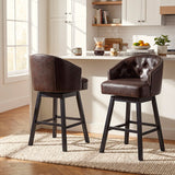 Set of 2 360° Swivel Bar Stool Ergonomic Padded Counter Stools Upholstered Dining Chairs with Soft Seat, Nailhead Trim&Button Tuft, Brown