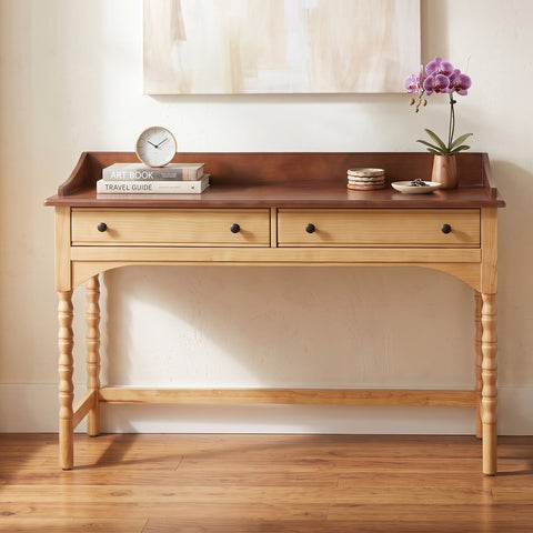 Wooden Writing Desk Makeup Vanity Two-Tone Spindle Workstation Console Table with Turned Bobbin Legs & 2 Soft-Close Drawers