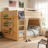 Full Wooden Bunk Bed Frame with 3-Tier Storage Shelf, Rattan Detailing, Lower Bunk Privacy Curtains & Built-in Light Strip
