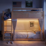 Full Wooden Bunk Bed Frame with 3-Tier Storage Shelf, Rattan Detailing, Lower Bunk Privacy Curtains & Built-in Light Strip
